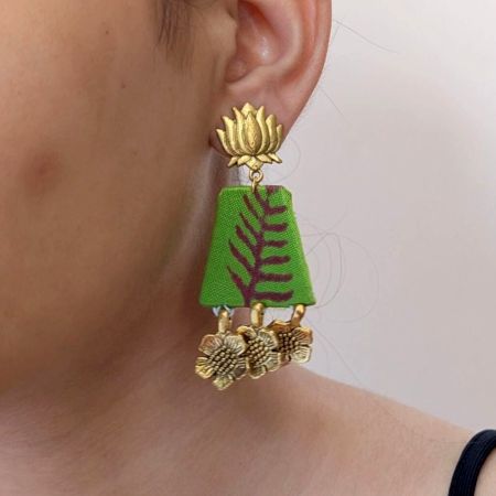 Light Green Leaf Pattern Golden Charm Earrings